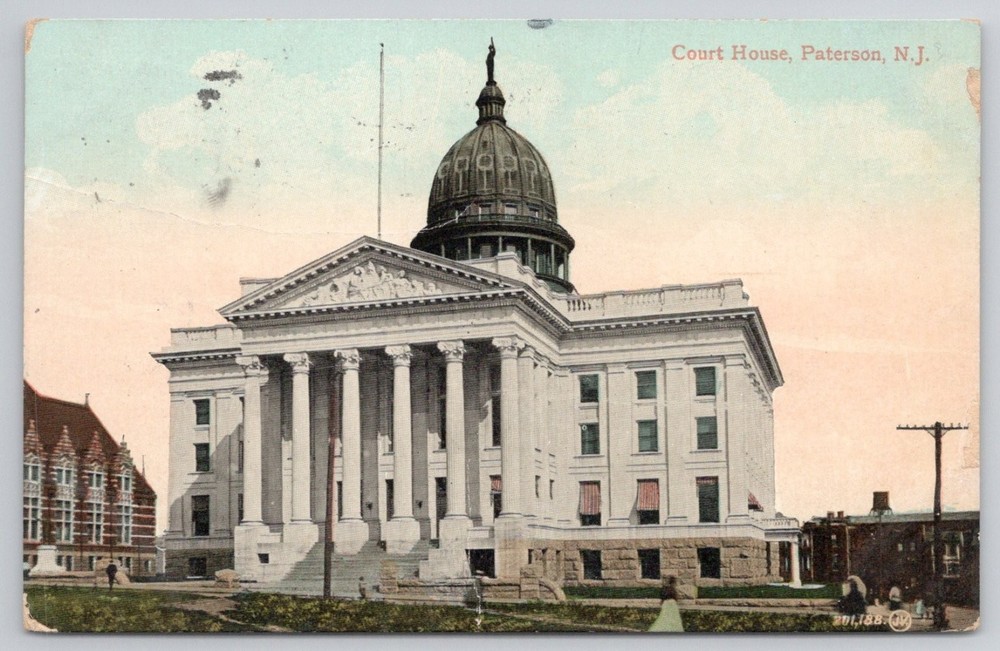 1909 Paterson, NJ Court House Postcard - USS Dubuque Sailor Mail