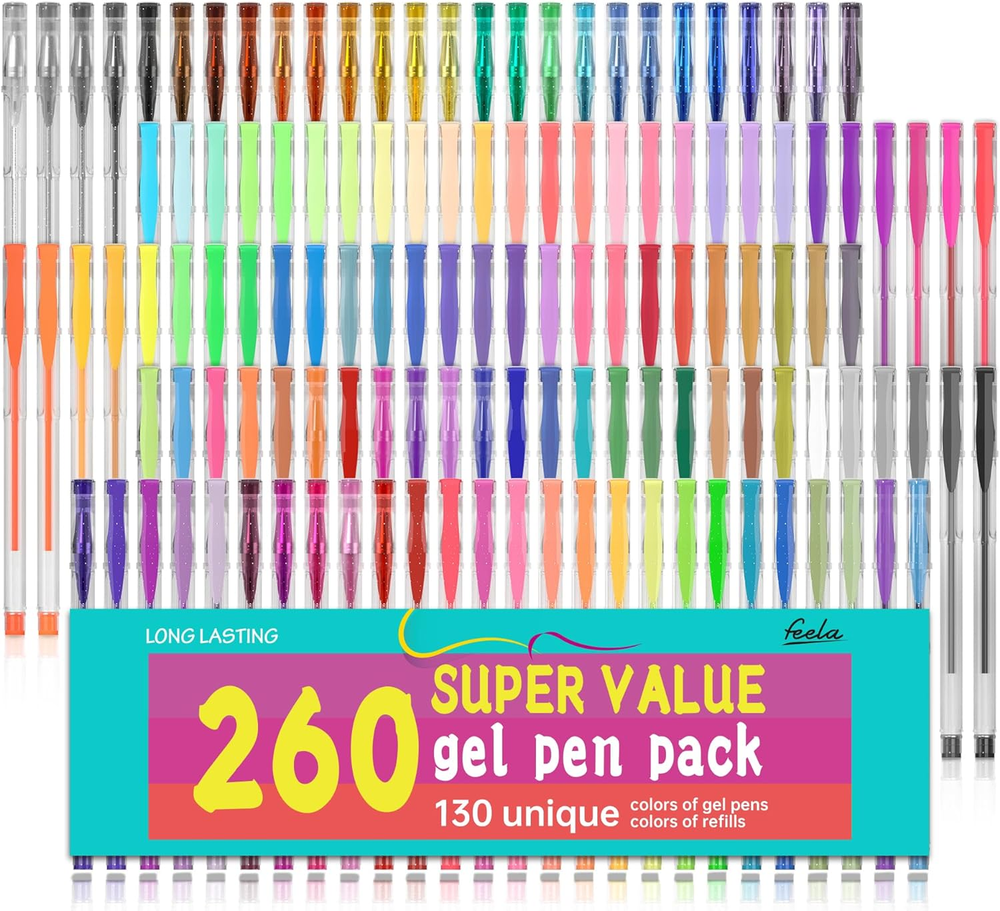 Gel Pens Set, 260 Pack 130 Colored Gel Pens plus 130 Refills for Adult Coloring