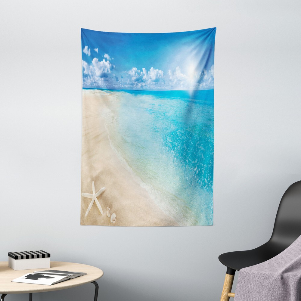 Beach Tapestry Sunny Seashore and Shells Print Wall Hanging Decor