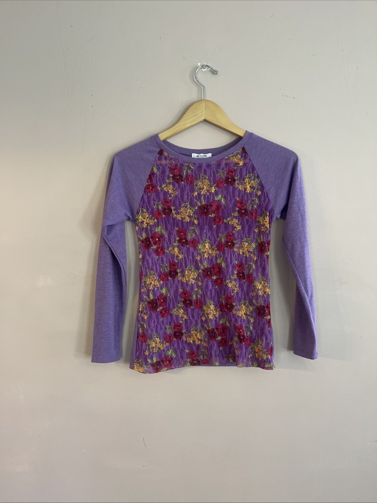 Vintage Y2K Delias XS Purple Sheer Lace Floral Long Sleeve Women's Top Delia*s