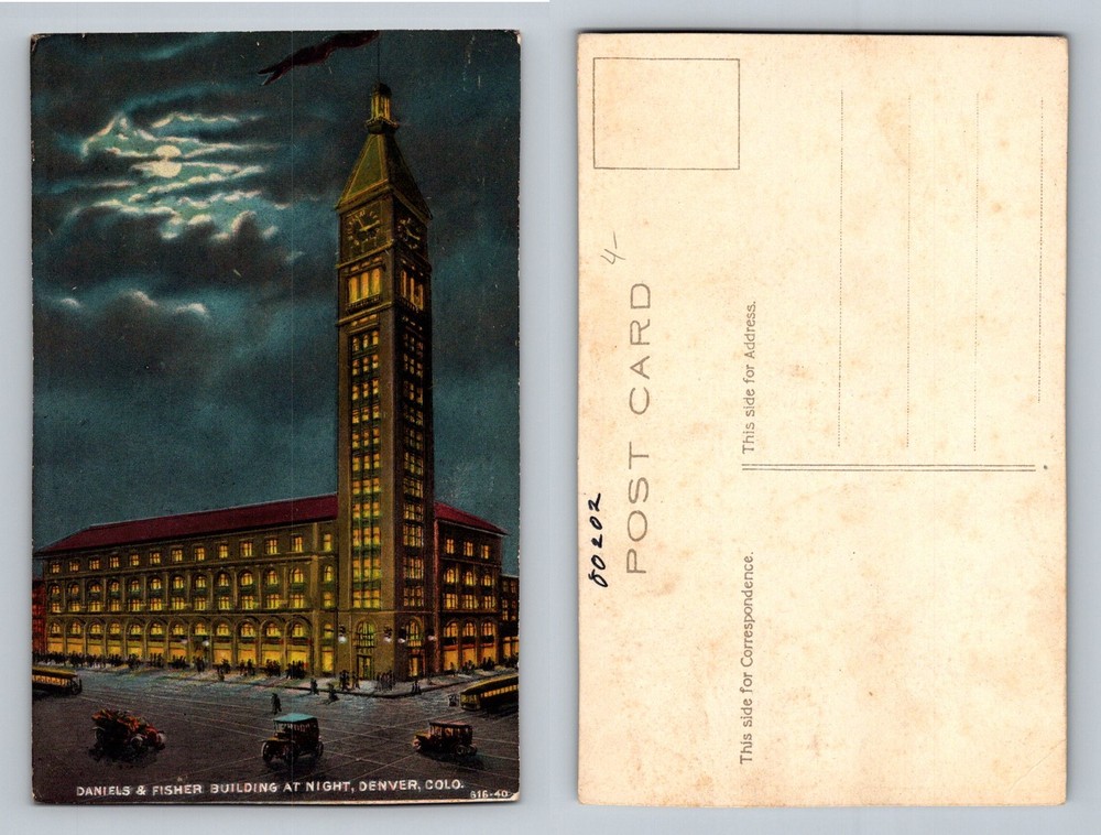 Denver, CO-Colorado, Daniels & Fisher Building at Night Vintage Postcard