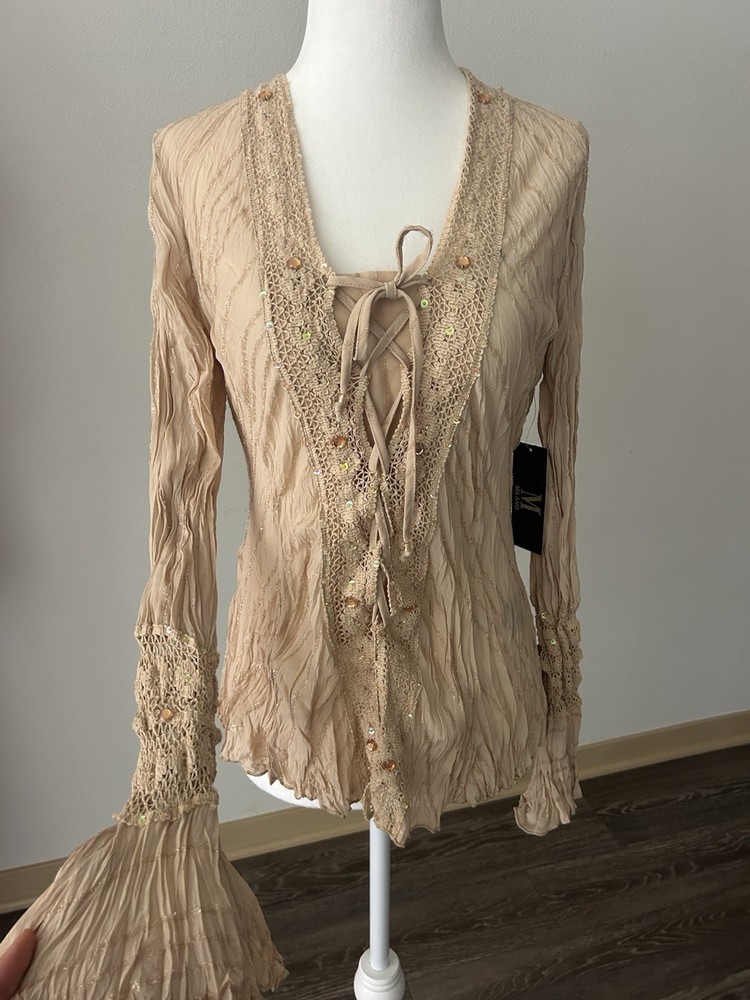 Vintage Deadstock Lace Up Crochet Sequin Flare Sleeve Fairy Top Y2K Festival
