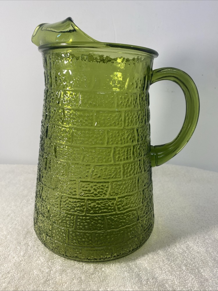 Vintage Mid Century Modern Brick Road Avocado Glass Pitcher