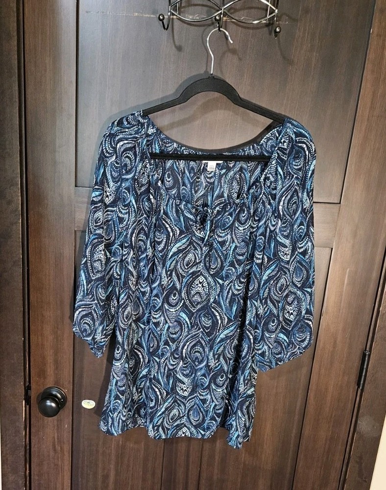 EUC Women's Plus Teal Green Feather Chiffon Tunic Blouse Top Size XXL 2XL