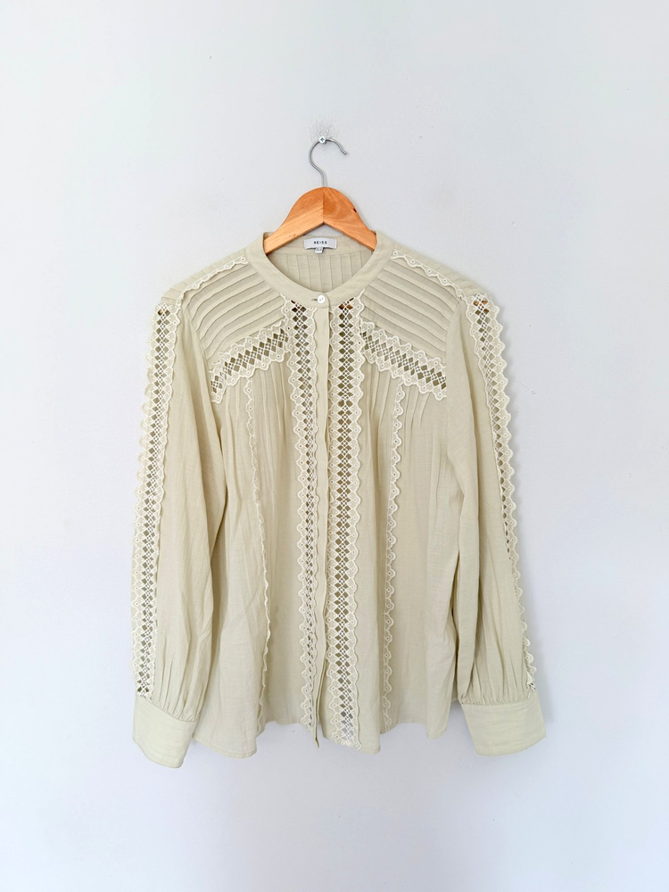 Reiss Blouse Size UK 14 Green Cotton Embroidered Button Top Shirt Chantal