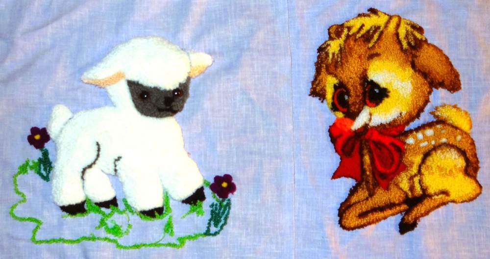 2 Vtg Fiber Art Punch Needle Colorful Embroidery Finished Deer Fawn & Baby Lamb