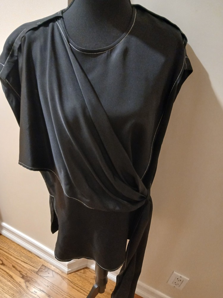proenza schouler elegant satin side draped tunic top with white topstitching