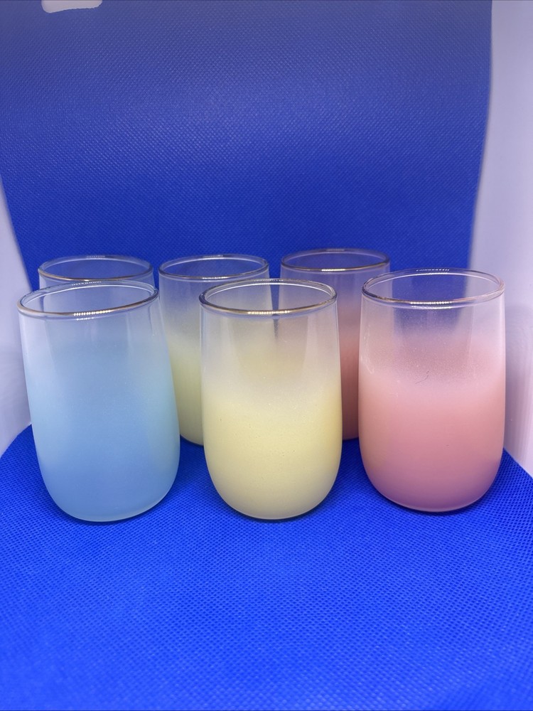 Vintage MCM Blendo Frosted Juice Cups Set Of 6 Gold Rim 6 Ounce 3 3/4” Tall