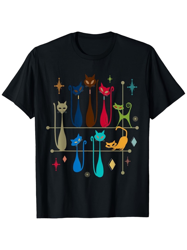 Retro Cat Graphic Tee for Both Genders, Mid-Century Modern Design,