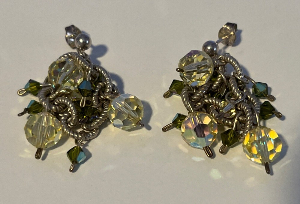 Vintage Sterling Silver Peridot Green Crystal Earrings Post With Dangle