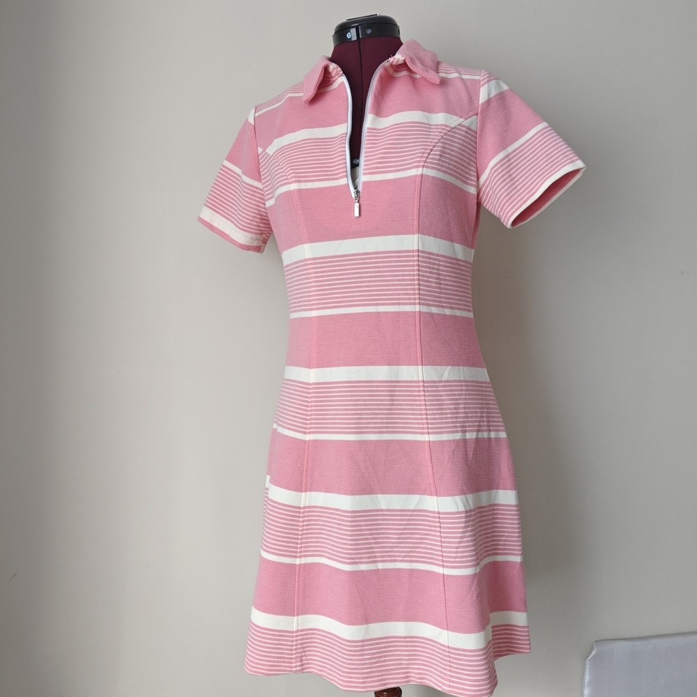 DH Fashion Women's A Line Dress Pink Stripes Collared Quarter Zip Short Sleeve