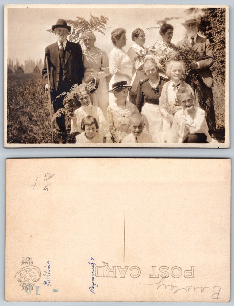 Vintage RPPC Large Family Portrait Group Photo Postcard Rollins Burley Raymond