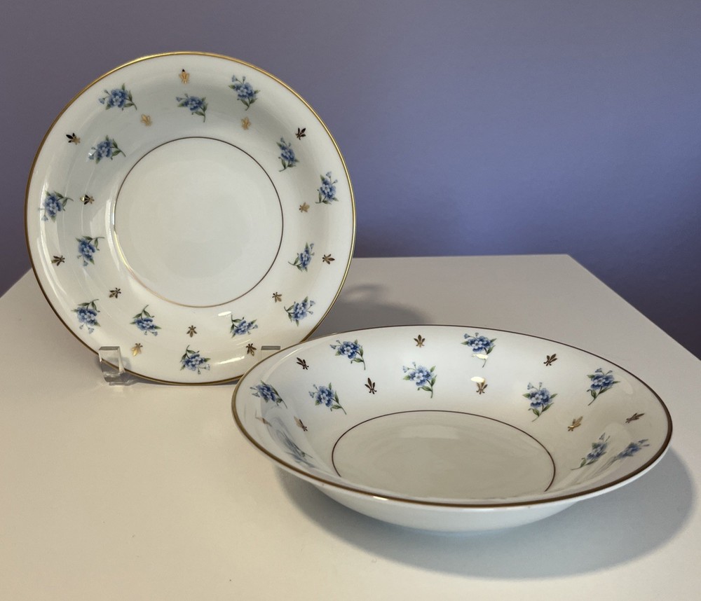 Set of 2 Noritake Remembrance Blue Flowers Gold Trim Soup Salad Bowl Bowls 7.5