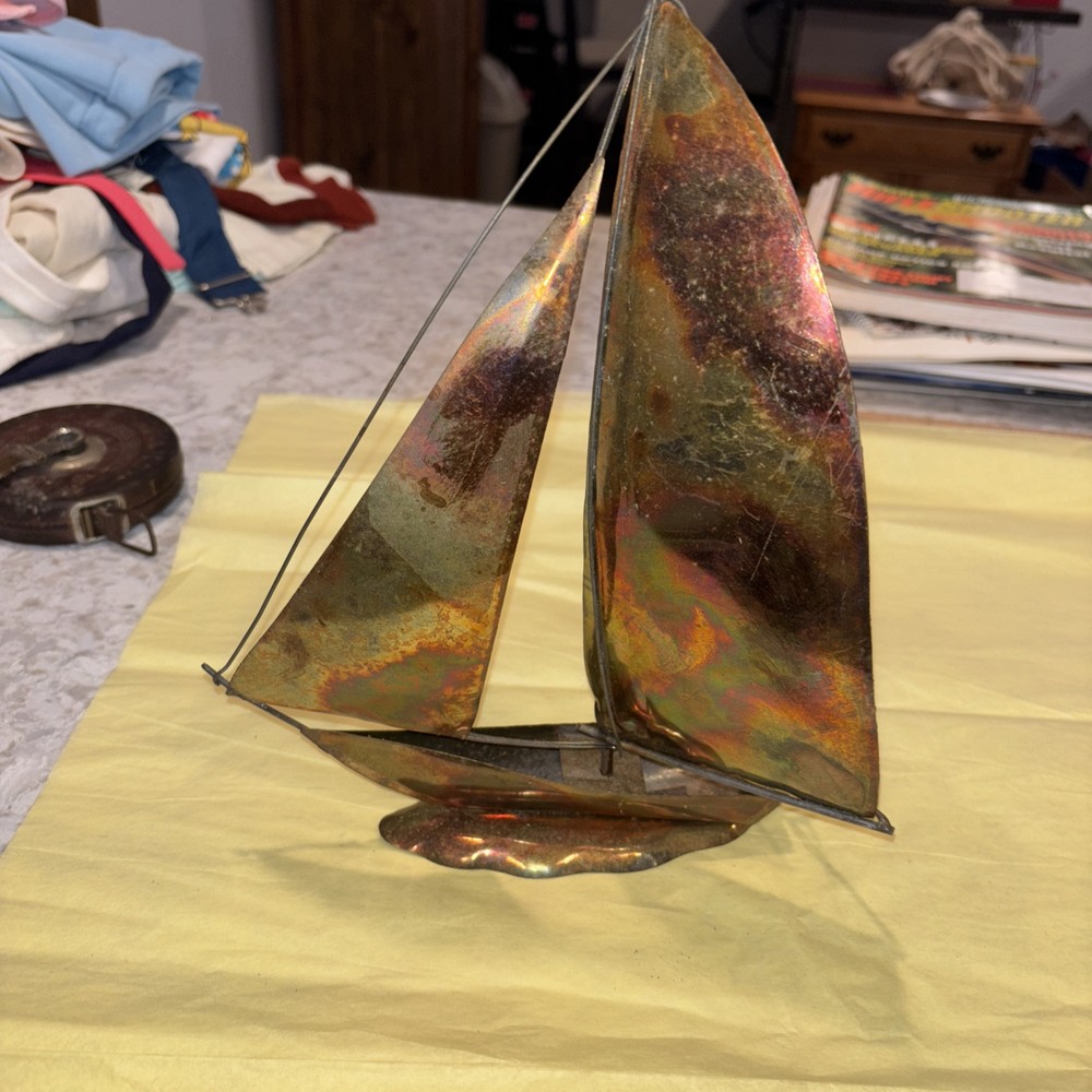 Vintage Mid Century Modern Home Decor Copper Brass Metal Sailboat Sculpture