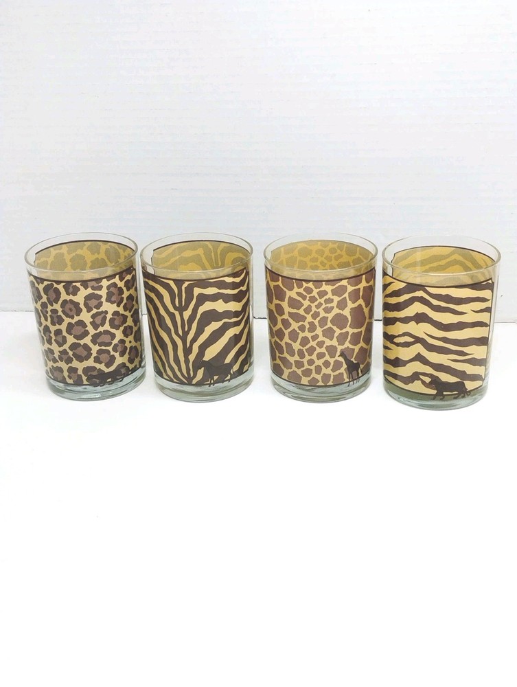Vtg Georges Briard Safari Animal Print Glasses Set of Four (4)