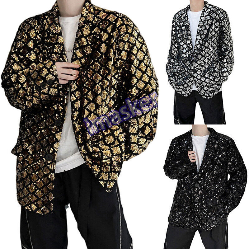 Men's Sequin Blazer Suit Jacket for Prom Dinner Party Glitter Loose Fit