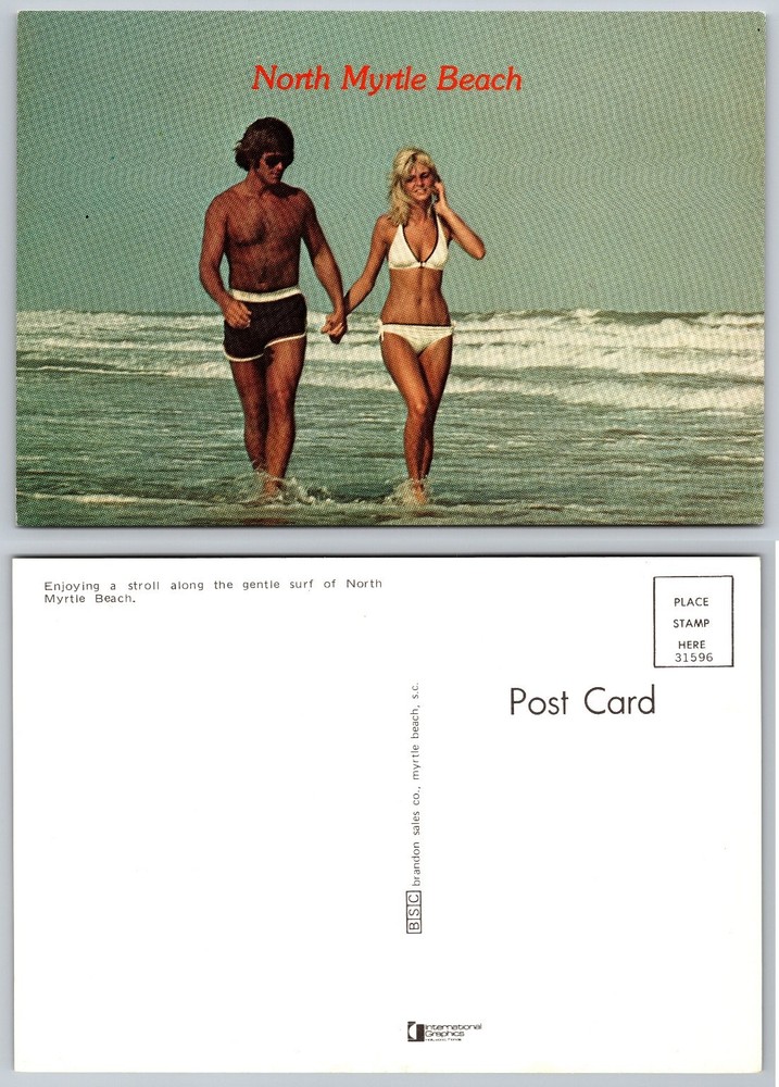 Vintage North Myrtle Beach SC Postcard - Couple Strolling Ocean Surf 1970s