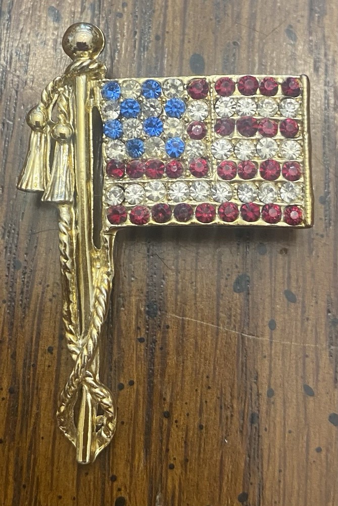Gold Tone Patriotic American Flag Brooch Pin Red White Blue Rhinestones