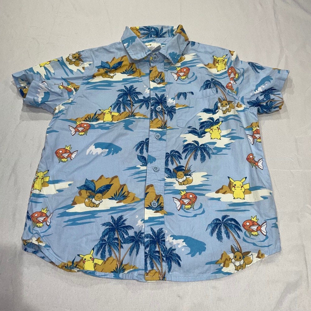 Pokemon Boys Small Blue Tropical Island Pikachu Eevee Magikarp Button Down Shirt