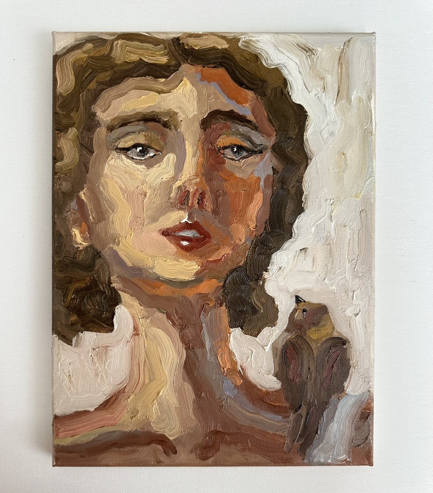 Original Abstract Oil Painting Woman with Bird Portrait Art-image