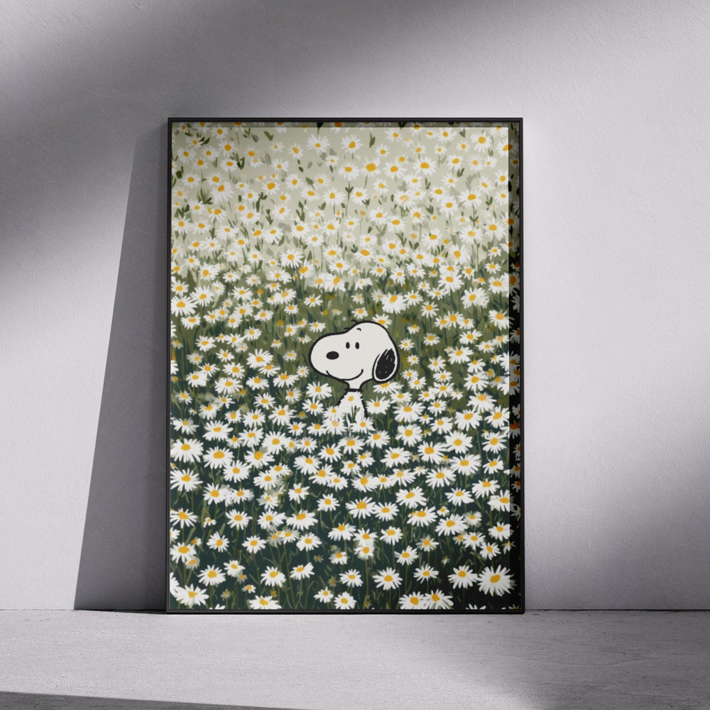 Peanuts Snoopy in Daisy Flowers Poster Print - Cute Cartoon Wall Art Decor