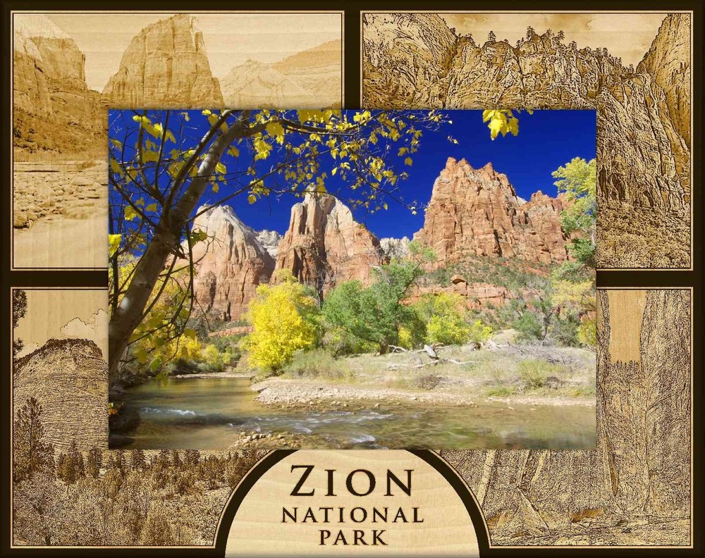 Zion National Park with 4 Scenes Laser Engraved Wood Picture Frame (3 x 5)