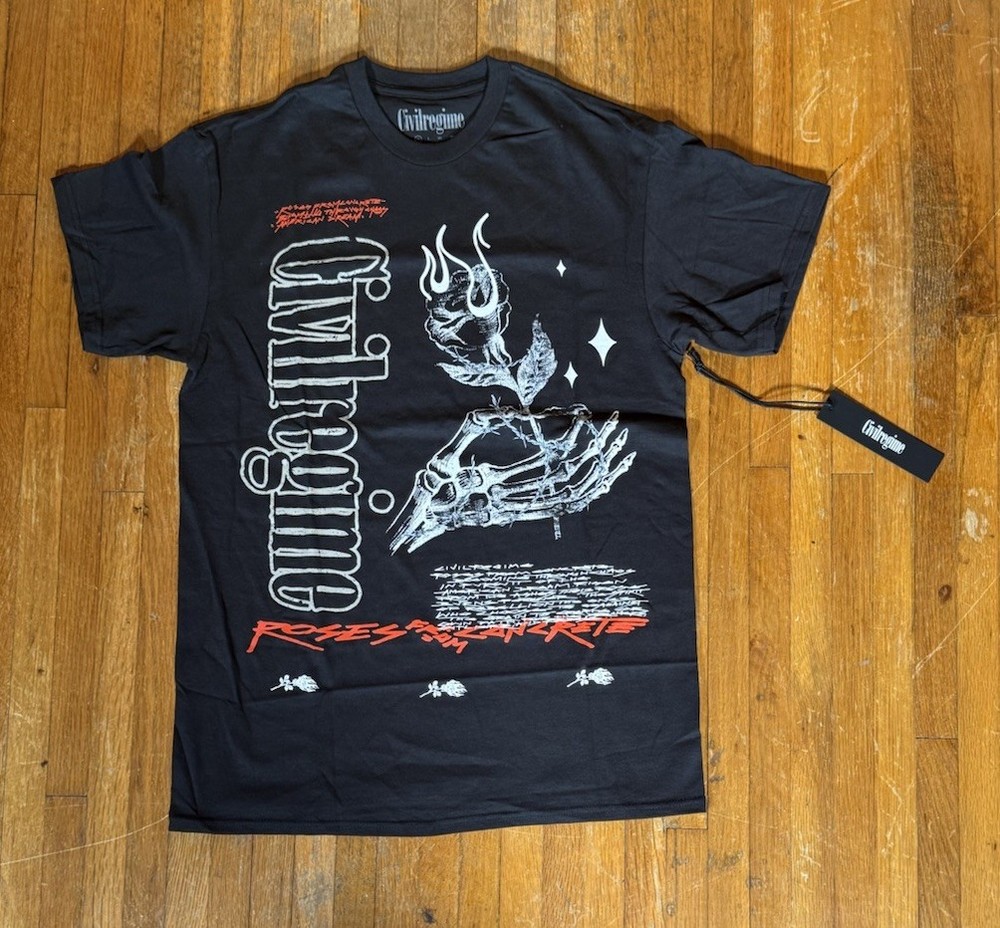 NWT Civil Regime Black Graphic T-Shirt Roses Skull Size Medium