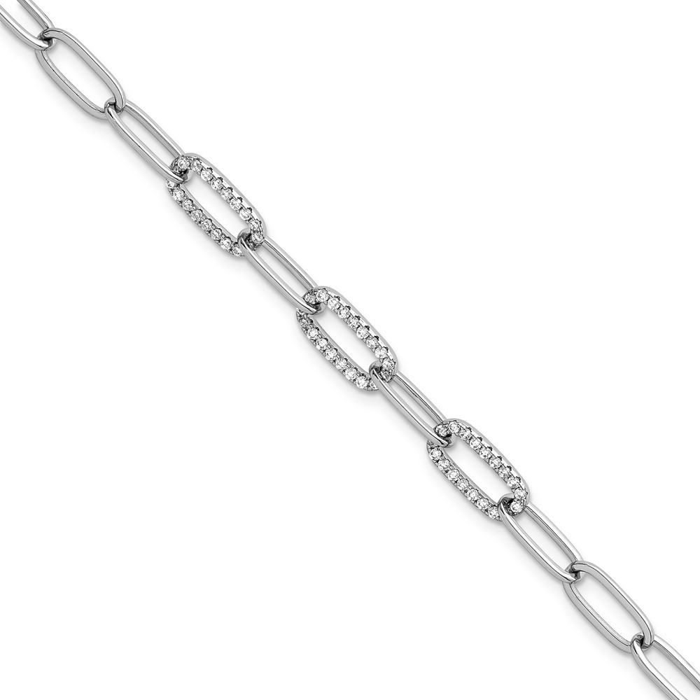 925 Sterling Silver Polished Fancy Cubic Zirconia Paperclip Chain Bracelet 7
