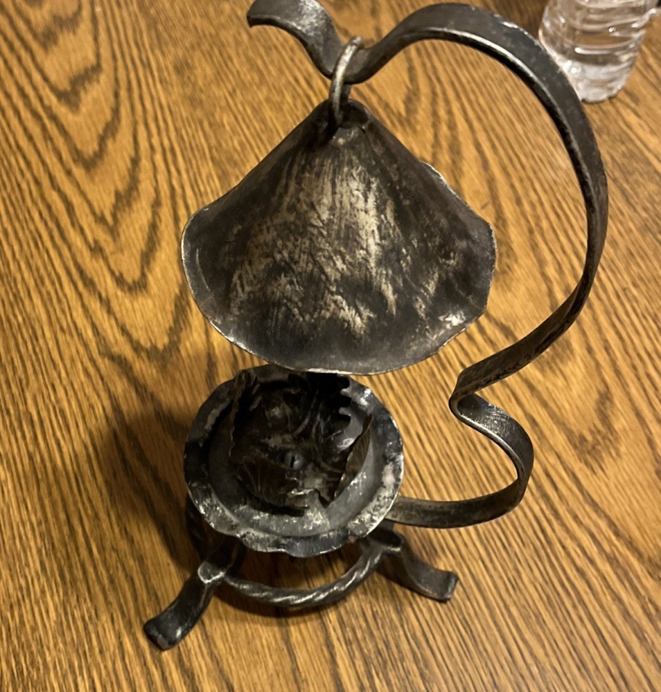 Antique Wrought Iron Handmade Early Candle Holder Arts & Crafts With Smoke Bell