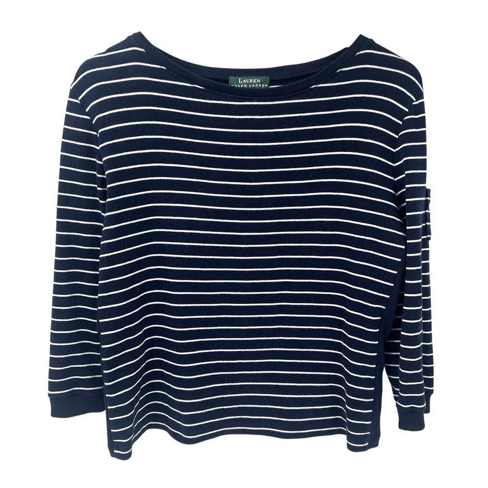 Lauren Ralph Lauren Shirt Womens Large Cropped Blue White Stripe Nautical Pocket