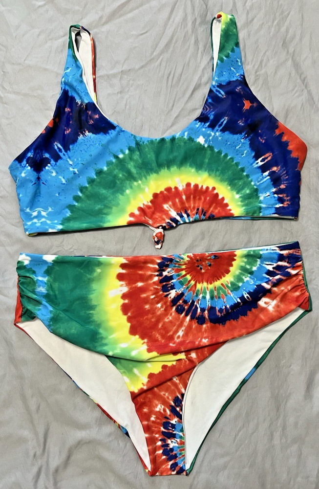 Brand New Hippie Y2K SHEIN Plus 18/20 Tie Dye Bikini Bright Rainbow 2PC Swim Set