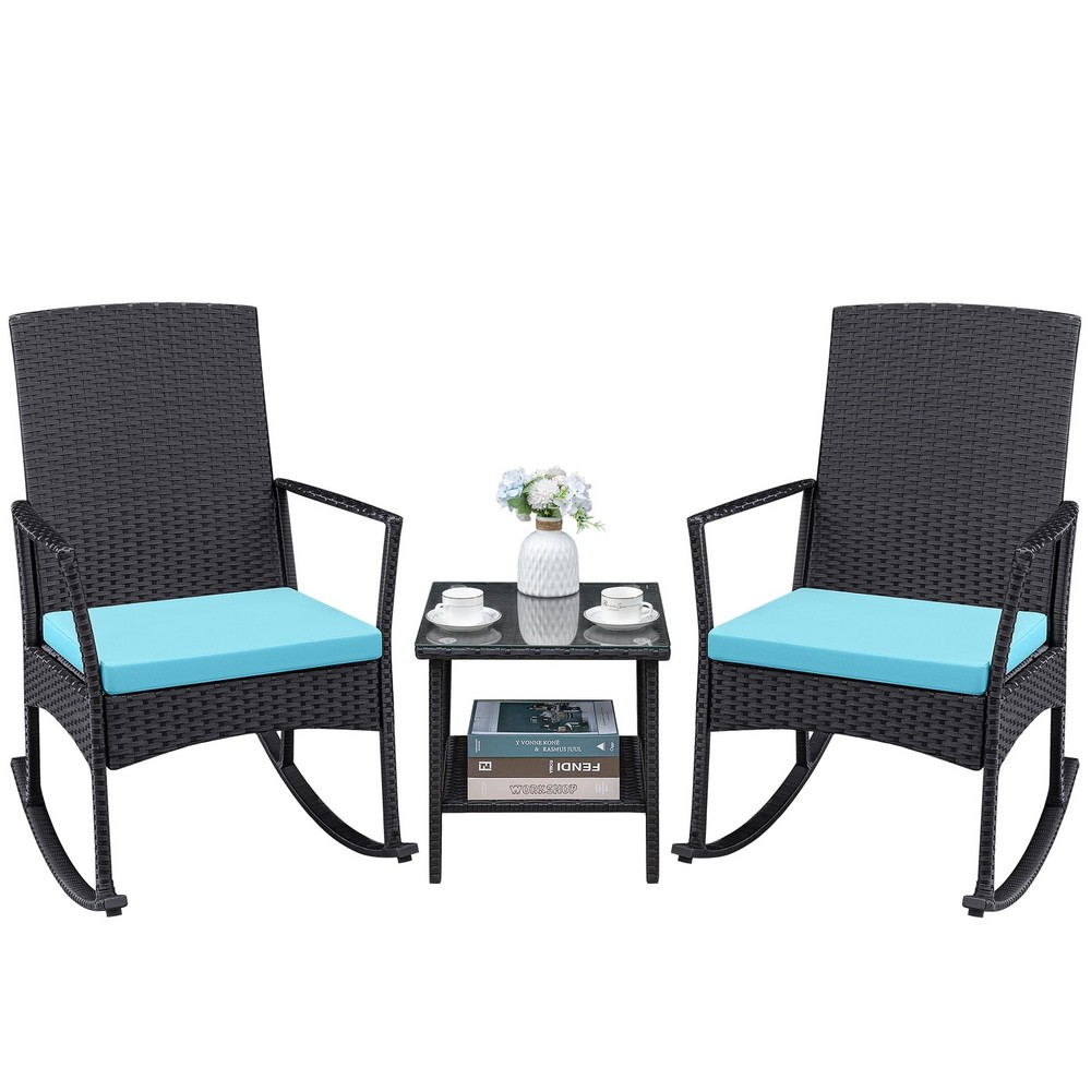 3 Pieces Patio Furniture Set Outdoor Wicker Rocking Chairs with Glass Coffee ...