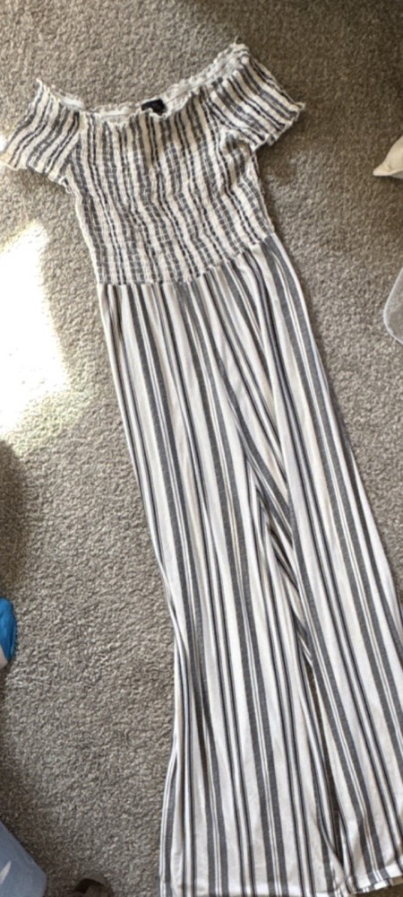 rue21 Off-Shoulder Striped Smocked Wide-Leg Jumpsuit White Black S