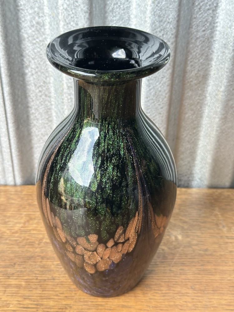 Dale Tiffany 9” Art Glass Vase Green Blue Gold Aventurine Murano Style
