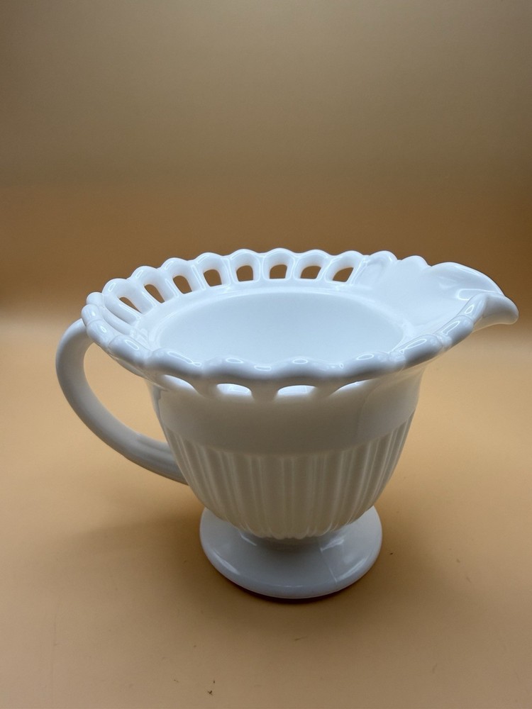 Vintage White Milk Glass Open Lace Edge Creamer Pitcher Pedestal 4”