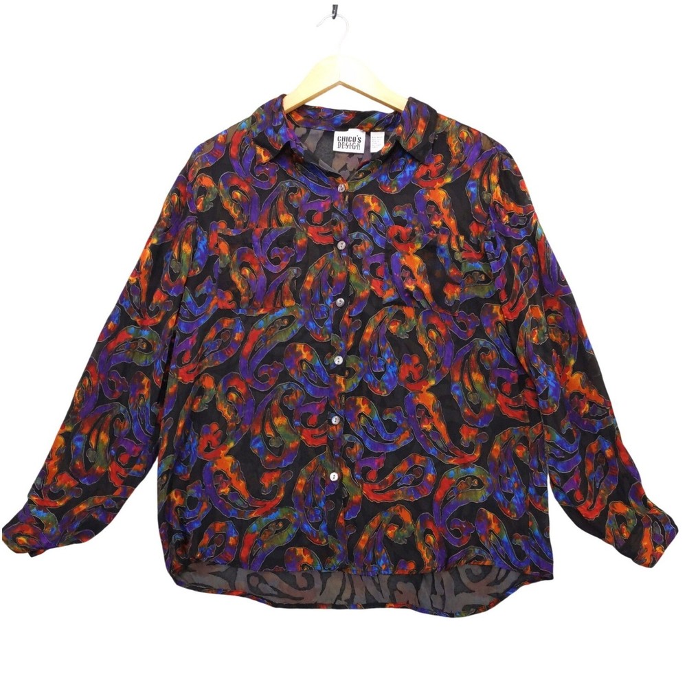 Chicos Design Silk Blend Sheer Burnout Paisley Blouse Multi Color Size 2 L