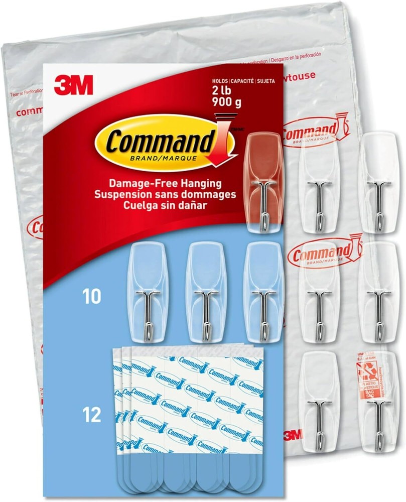 Command Medium Clear Wire Toggle Hooks,10 Hooks and 12 Strips, White