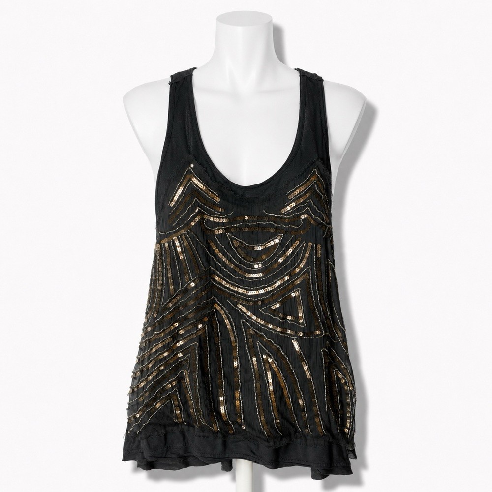 Kimchi Blue Top Womens L Black Sequin Beaded Tank Top Tribal Flowy Blouse