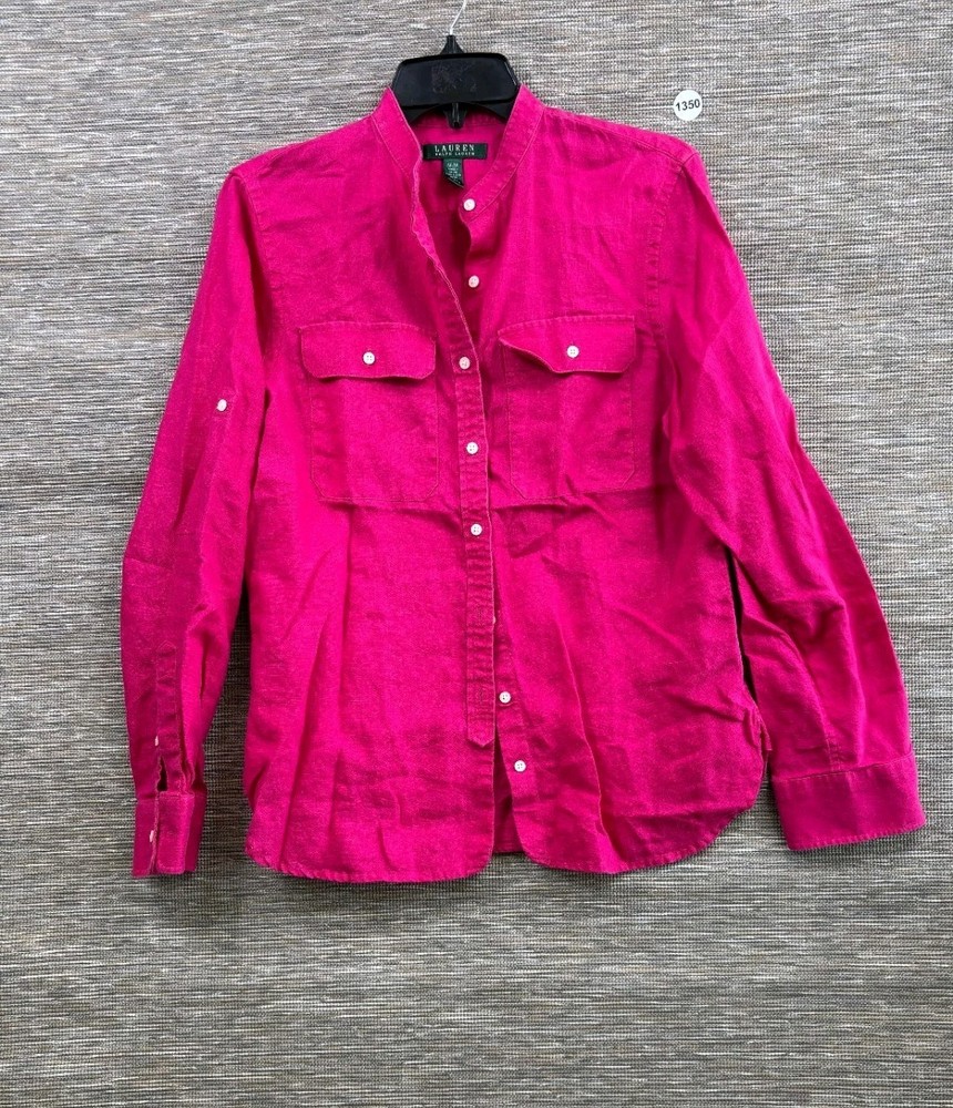 Lauren Ralph Lauren 100% Linen Button Up Blouse Womens M Pink Roll Tab Sleeve