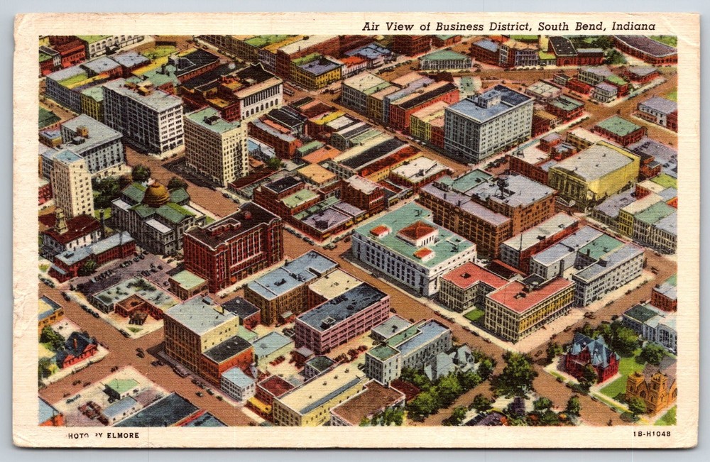 South Bend Indiana~Air View Of Business District~PM 1945~Vintage Linen Postcard