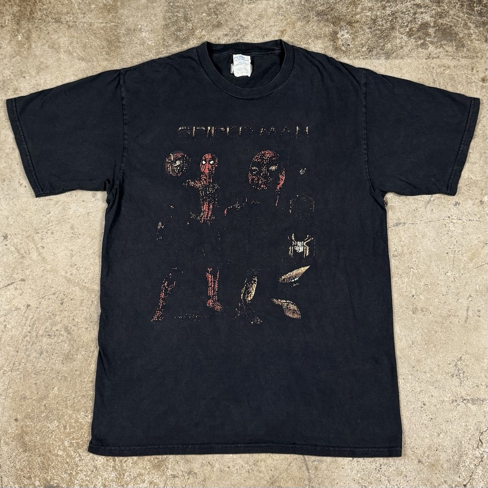 Vintage Marvel Spider-Man Graphic Print T Shirt Black Faded Y2K Size Medium