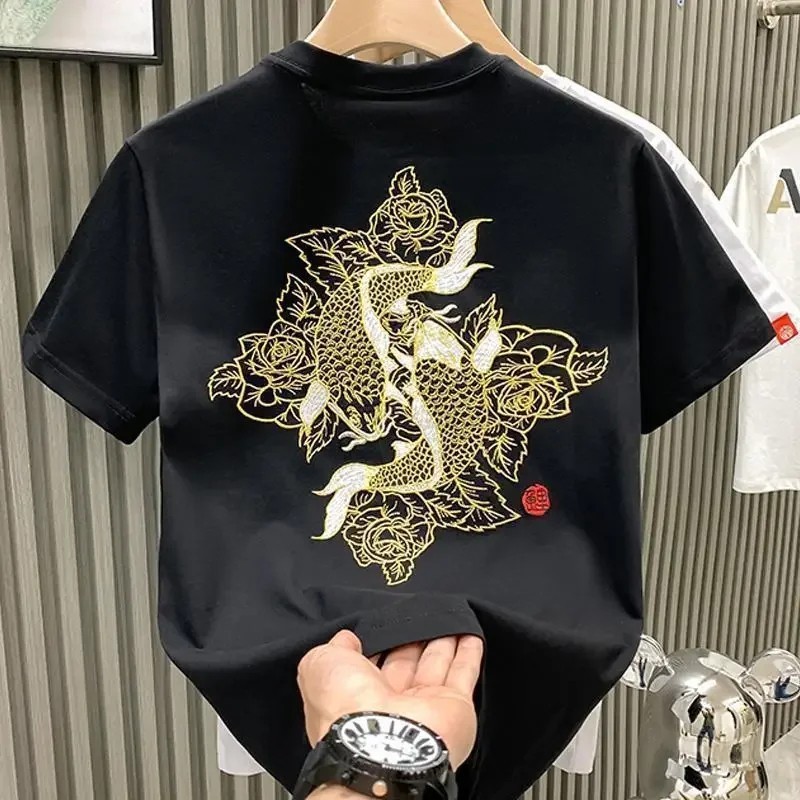 Men's Luxury Koi Fish Embroidered Cotton T-Shirt Casual Short Sleeve Slim Fit Te