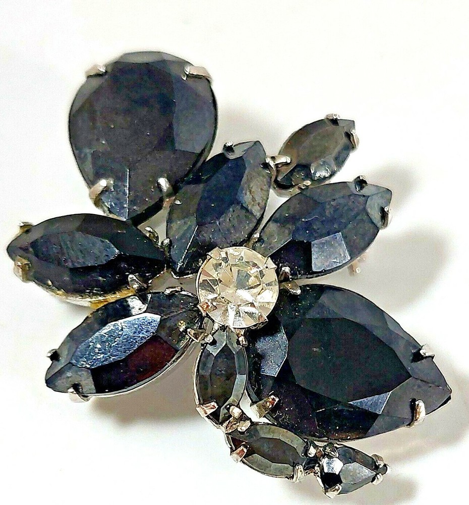 Vintage Silver Tone Marqis Cut Black Rhinestone Floral  Motif Brooch