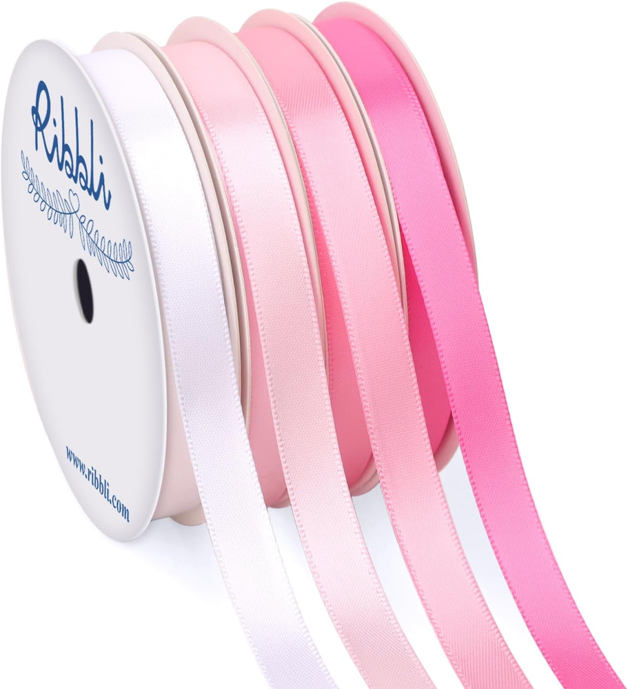 Pink Satin Ribbon 3/8 Inch x 4 Rolls Total 40 Yards- White Pink Ribbon for Gift
