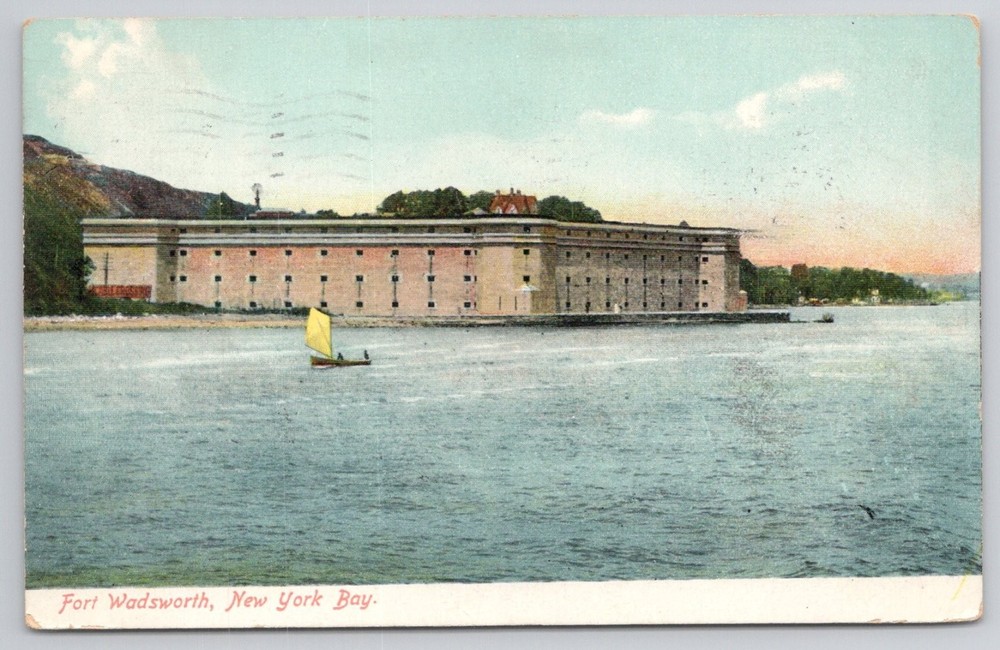 1907 Fort Wadsworth New York Bay Postcard - Sailboat, Litho-Chrome, Posted