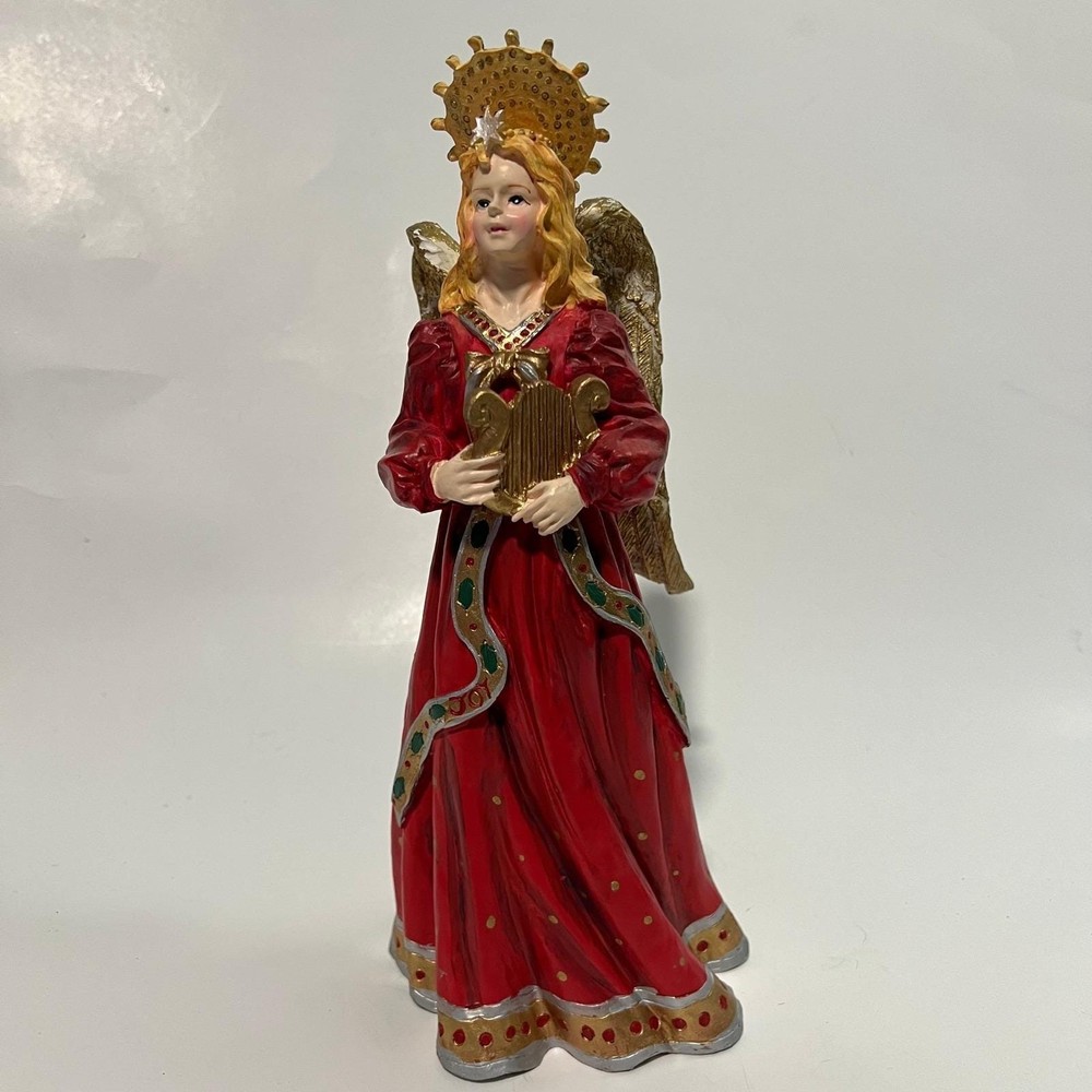 Vintage 10 Inch Angel Candle Holder Harp Halo Red Gold Wings Christmas Decor