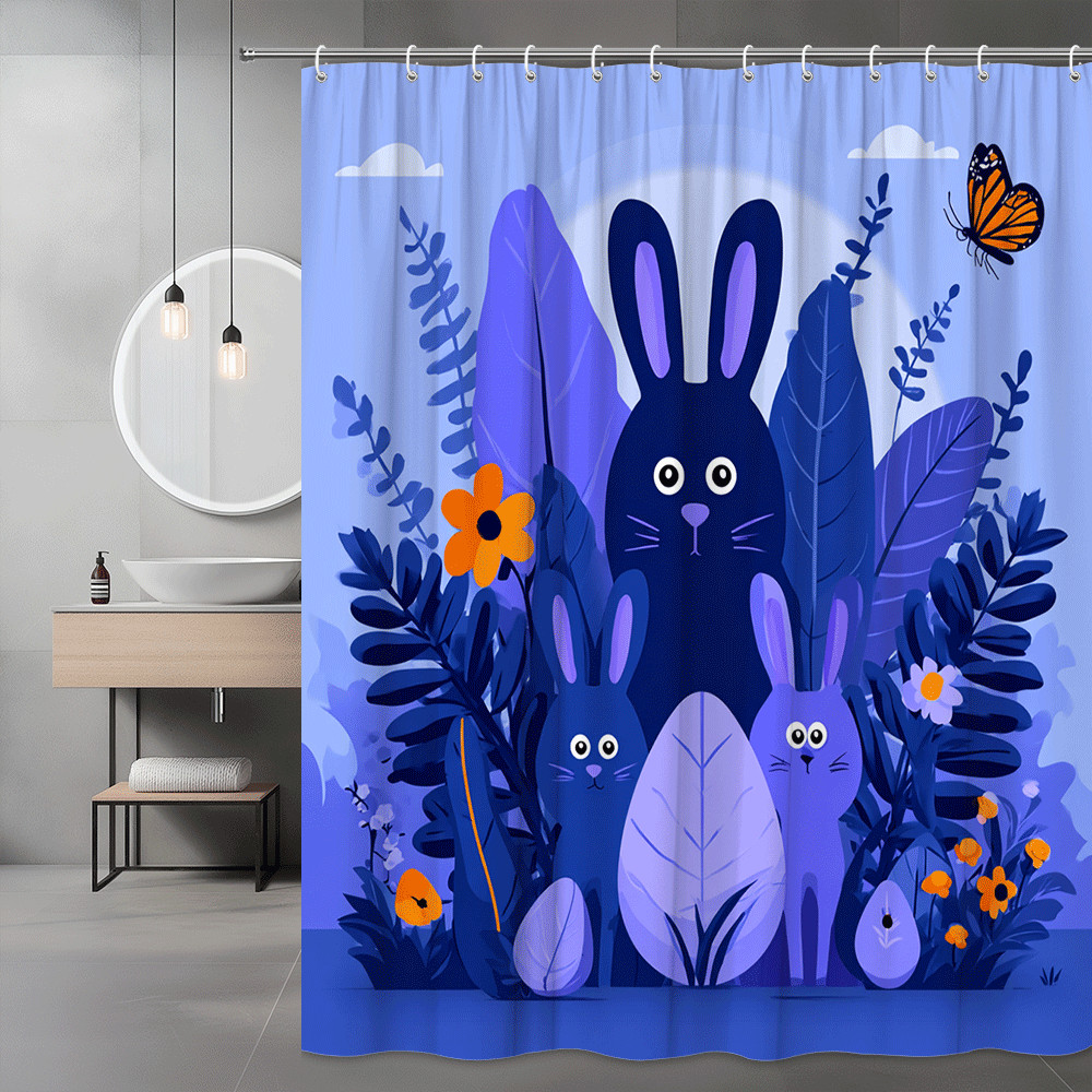 Blue Bunny Shower Curtain, Cute Rabbit and Floral Print