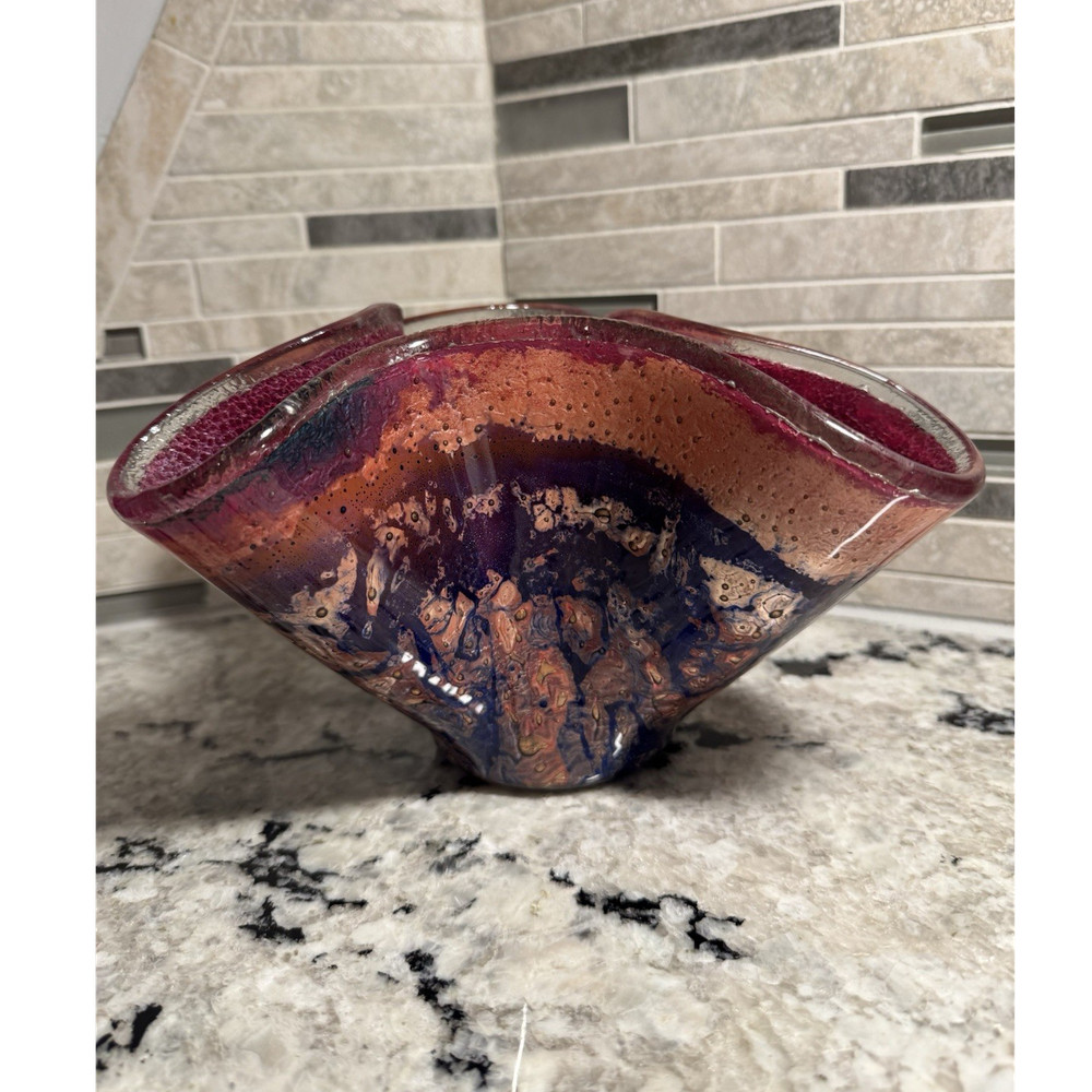Jones Glassworks 2005 Seattle Signed Abstract Art Glass Vase Red Blue Copper