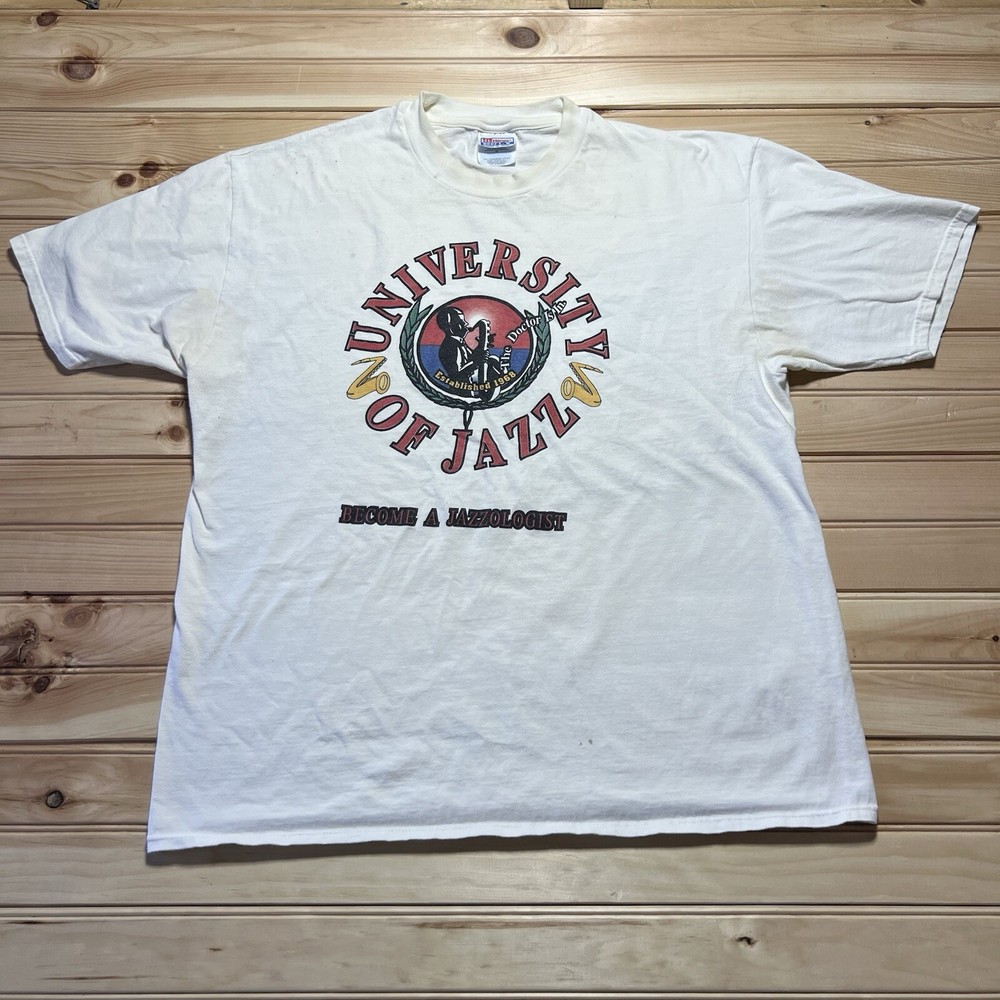 Vintage 90s University Of Jazz The Doctor Is In Art Sax Music Shirt Size XL