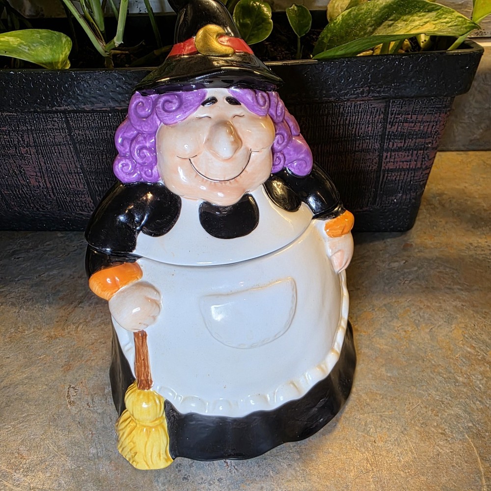Halloween Happy Witch W Broom  Cookie Jar 8' Tall No Chips RARE See DESCRIPT